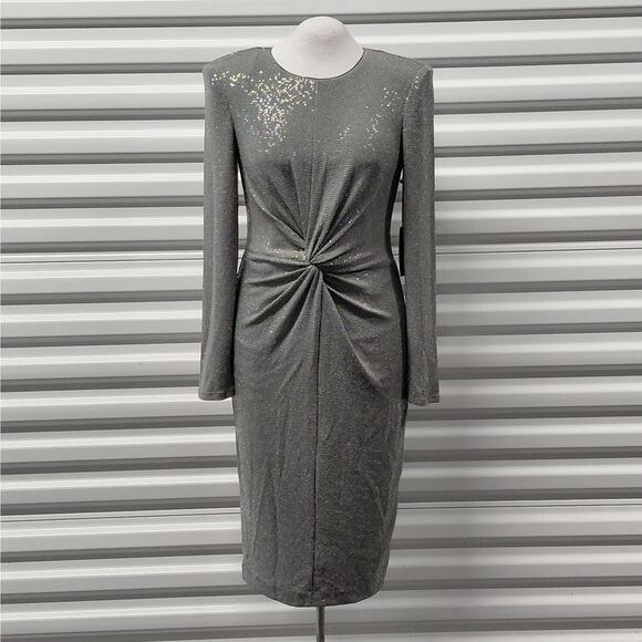 Vince Camuto Womens Cocktail Dress Size 2 Silver Metallic Sequin Long Sleeve - Picture 1 of 13